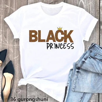 Preto Princesa Letra Imprimir Tshirt Mulheres African Queen Preto Meninas Magia T-Shirt Femme Summer Fashion T-Shirt Manga Curta