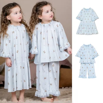 Meninas' Casa Desgaste 2023 Primavera Novo Azul de Impressão de Meninas' Pijama Pijama em uma Calça de Algodão de Moda de Meninas, Camisola de Roupas infantis