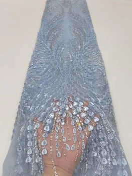 Céu blye Flores em 3D de Luxo Lantejoulas Rendas Bordados Africano francês de Malha, Tule Tecido do Laço Para a Nigéria Vestido de Noite Vestido de Festa