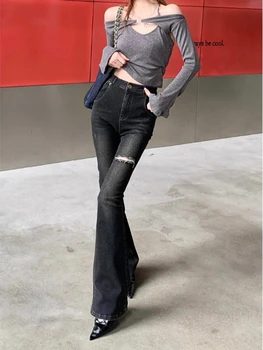 Azul Slim Casual Estilo coreano calças de Brim das Mulheres do Furo de Cintura Alta Designer de Jeans Feminino Wide-legged Vintage Elegante Calças de Verão 2023