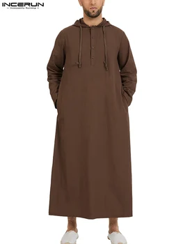 INCERUN Homens Muçulmanos Manto com Capuz Kaftan Arábia árabe de Dubai 2023 Caftan de Manga Longa árabe-Islâmica Jubba Thobe Homem de Roupas S-5XL