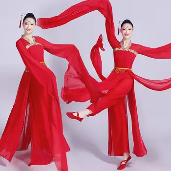 Vermelho Hanfu Mulheres Estética De Dança Clássica De Água Mangas Dança Vestido De Swing Mangas Surpreendente Dança