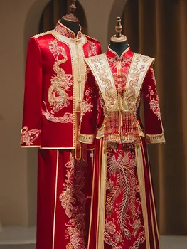 Chinês Tradicional Vermelho Vestido de Noiva Beading Bordado Banquete de Alta Quaity Clássico Cheongsam China Qipao костюм для восточных