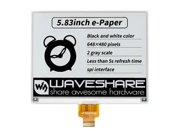 Waveshare 5.83 polegadas E-Papel E Tinta Matérias de Visualização, de 648×480 Pixels, Preto / Branco, Interface SPI, Sem PCB