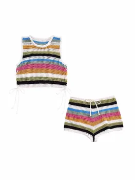 Mulher Nova Moda de decoração de Arco Cropped Listrado Topos de crochê Vintage O Decote Feminino Colete Chique Tops + shorts de Mulheres terno