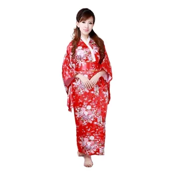 O Transporte Livre ! Vermelho Japonês Mulheres de Cetim de Seda Quimono Yukata Vestido de Noite Flor Tamanho H0044-C