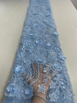 2023 3D Azul Flor de Tecido do Laço Com Pérolas de Alta Qualidade francês Pesado Cordão de Tule Tecido Africano Para a Festa de Casamento Vestido de Costura