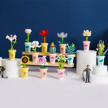 A construção de Blocos de Tijolos DIY Flor Rosa Girassol Vasos Buquê, Decoração do ambiente de Trabalho Ornamento Bloco Menina de Presente Brinquedos para Crianças