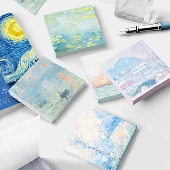 50 Folhas de Van Gogh, Monet Pintura a Óleo da Série de lembretes INS Estilo de Noite Estrelada, de Girassol Notas auto-adesivas de papel de carta