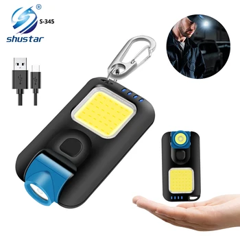 COB Acende Keychain Mini Lanterna de LED Recarregável USB de Campismo Luz da Pesca com Gancho Waterproof a Lâmpada de Trabalho 6 Modos de Tocha