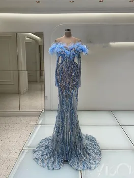 Requintado Sereia Vestidos de Penas V Pescoço Mangas compridas Lantejoulas 3D Diamantes Rendas Frisado Apliques de Vestidos de Baile Feitos
