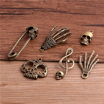 6pcs de bronze Antigo Metal Crânio Encantos Pingente Para Fazer Jóias Diy Festa de Halloween Crânio Pingente de Encantos