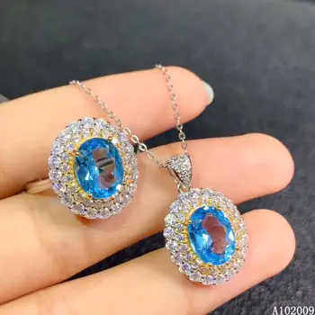 KJJEAXCMY fina prata esterlina da jóia 925 embutidos natural topázio azul anel pingente clássico garota de terno teste de apoio