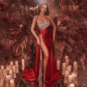 Mulheres Sexy Vermelho Tubo Superior Requintado Lantejoulas Alto Dividido Vestidos De Noite Longos Rejeito Formal Vestidos De Festa De Formatura