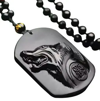 Puro Mão Esculpida Obsidiana Natural Howling Wolf Cabeça Amuleto Colar De Pingente De Mulheres Mens Jade Jóia De Pedra Preciosa Presente Atacado