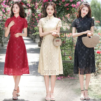 Laço de comprimento Médio Aodai Diárias de Moda Cheongsam 2022 Verão Melhorado Moderno Qipao Slim Meninas Plus Size China Vestido para as Mulheres