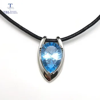 TBJ ,forma de V, pingente em prata 925 com natural topázio azul celeste corte côncavo pingente com cordão de couro para mulheres e meninas