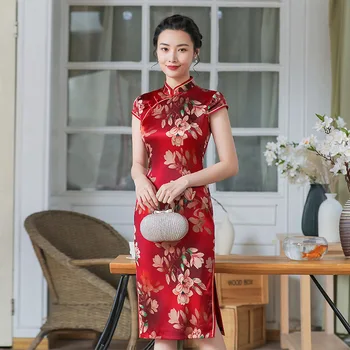 Vermelho Chinês Tradicional Qipao Vestido De Mulher Colarinho De Mandarim Vestidos Retro Vestido Festa Formal Lado De Divisão Vintage Botão Cheongsam