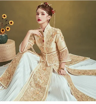 Chinês Tradicional Dragão de Ouro Phoenix Casamento de Vestido de Noiva Banquete de Homens, Mulheres, Casal Vintage Estilo Oriental китайская одежда