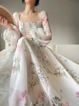 2023 Primavera Praia De Fadas Coreano, Uma Peça De Vestidos Francês Elegante Floral Midi Vestido De Chiffon Manga Longa Noite De Festa Vestido De Mulher