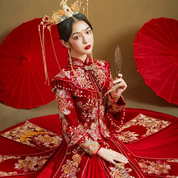 Yourqipao Chinês Roupas De Vestidos De Noiva Vermelhos Mulheres Tradicional Plus Size Vestidos De Noiva Antigo Custume China Xiuhe Cheongsams