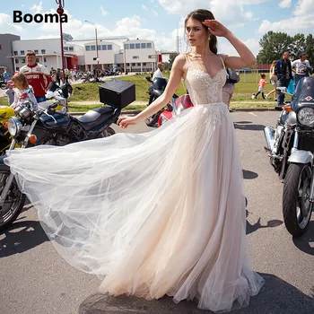 Booma Querida Princesa Vestidos De Noiva Com Alças Finas, Uma Linha De Praia Vestido De Noiva Apliques De Tule Plissado Laço Vestidos De Noiva