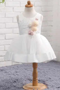 Vestido da Menina de flor Branca, Mini Tule Inchados de Cetim Bainha Com Apliques E 3D Flor Ajuste Festa de Casamento, Aniversário, Primeira Comunhão, Vestidos de