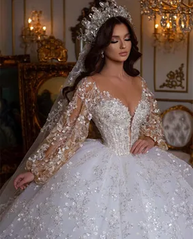 Lindo Dubai Vestidos De Casamento Do Laço Princesa Apliques De Lantejoulas Inchados De Mangas Compridas Exposto Desossa Branco De Noiva, Vestidos De Casamento Manto
