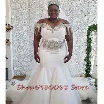 2020 Frisado Cristais Africana Sereia Vestidos De Noiva Plus Size Menina Negra Mulheres Fora Do Ombro Cetim Vestidos De Casamento Do Tamanho Personalizado