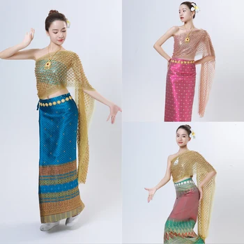 2023 verão tailândia tradicionais de roupas de festa nacional em estilo tailandês, fotografia de mulheres 3pcs viagem ternos de dança desgaste conjunto de vestido
