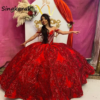 Glitter Vermelho Bola Vestido de Princesa Vestido Quinceanera 2023 Lantejoulas Applique Frisado Flores de Festa Sweet 16 Vestido de Vestidos De 15 Anos XV