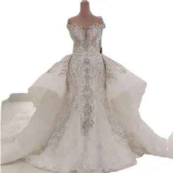 Cristal De Luxo Beaded Vestido De Noiva Destacável Overskirt Dubai Árabe Brilhantes Diamantes Feitos Vestidos De Noiva