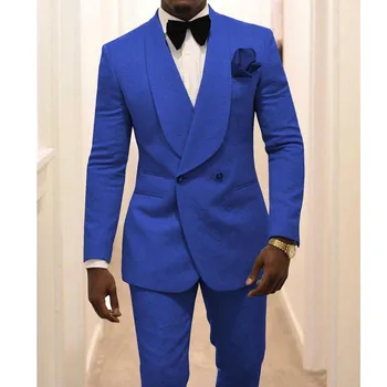 Azul Royal Homens Ternos Nova Moda Jacquard Xale Lapela Do Terno Masculino 2 Peça Casual De Casamento Do Noivo Baile Slim Fit Blazer Jaqueta Calças