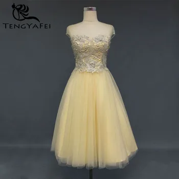 vestido de noiva curto vestido de Baile de uma linha lace beading 2020 joelho-comprimento manga vestido de festa amarelo Vestidos de Dama de honra