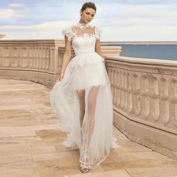 RODDRSYA Boêmio Mini Vestido de Casamento De 2023, com Gola Alta Renda Manga De Vestido de Noiva sem encosto Botão Praia Vestido de Noiva 2023