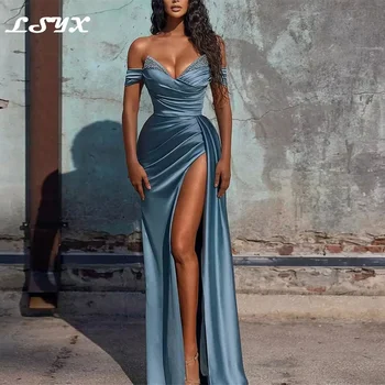 LSYX Azul Elegante Decote em V Vestidos de Baile 2023 Sexy Fora Do Ombro sem encosto Sereia Pregas de Alta Divisão de Tule Simples Vestido de Noite
