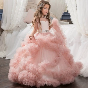 Rosa Flor Menina Vestidos para Casamentos Elegantes Babados Princesa Crianças de Noite da Festa de Formatura da Primeira Comunhão Concurso Bola de Cristal Vestido