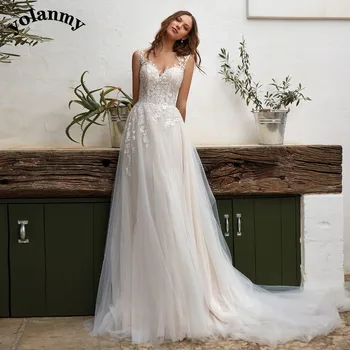 YOLANMY Clássicos Vestidos de Noiva sem Mangas Colher Uma Linha de Tulle Apliques de Vestido de Noiva Vestido De Casamento Personalizadas Para as Mulheres