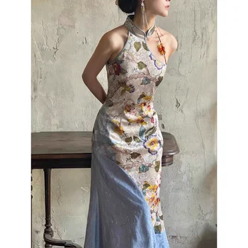 2023 Vintage Veludo Halter Pescoço Estampa Floral Painel De Sereia Vestido Das Mulheres Melhorou Moderno Cheongsam Verão Sexy Bola Vestidos De Qipao