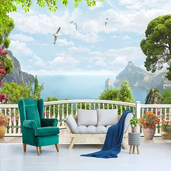 Foto de papel de Parede 3D Estéreo Varanda Paisagem à beira-Mar da Natureza Murais de Sala de estar, Quarto de Estilo Europeu pano de Fundo de Parede de Pano de Decoração