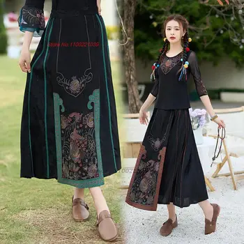 2023 chinês vintage saia de bordado de flores étnica harajuku jacquard saia mulheres tradicional cintura elástica folk saia longa