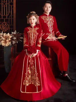 Moderno Vermelho Requintado Lantejoulas Cheongsam Oriental Bordados Tradicionais Qipao Chinês Do Estilo Do Vestido De Casamento