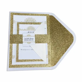 30pcs/muito glitter liner envelope de Ouro decorados convite e RSVP conjunto ( incluindo a faixa da barriga e tag) GDD005V102