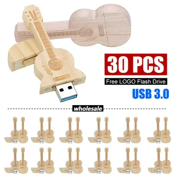 30pcs USB 3.0 Natural de madeira de bambu modelo de Guitarra unidade flash usb pendrive 4GB 16GB 32GB 64GB de memória LOGOTIPO da vara personalizar