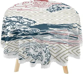 Estilo japonês Tema Toalha de mesa Redonda de 60 Polegadas Oriental Nuvens Árvore Circular de Mesa de Renda Capa Lavável para a Cozinha de Jantar Decoração