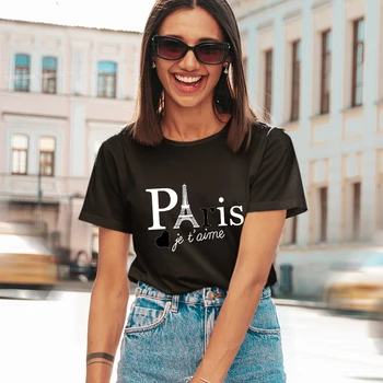 Paris Je t'aime Camiseta Femme Tendência da Moda Streetwear Urbano Casual Tops francês Harajuku Mulheres T-shirts Preto O decote Roupa