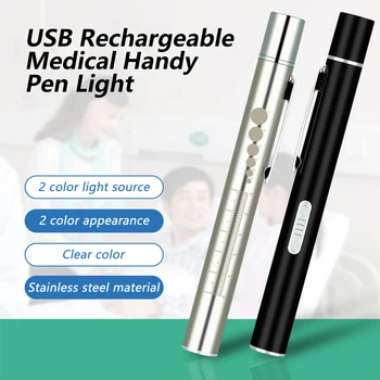 Mini Enfermagem Lanterna Recarregável USB Médico Prático Caneta de Luz da Lanterna de LED Lâmpada do Aço Inoxidável Com Grampo do Bolso Lanterna Led