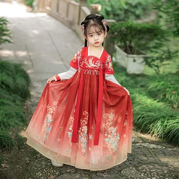 Vermelho Verde Bordado De Desempenho Vestido Longo De Saia De Fadas Roupas Elegantes Melhorado Chinês Tradicional Meninas Tang Traje