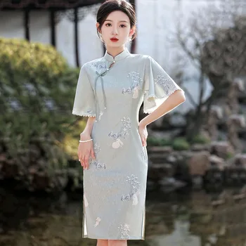 Cheongsam Vestido das Mulheres Plus Size 2023 Mistura de Algodão e Impressões de Emenda Stand Colarinho Estilo Chinês Skinny Curta Qipao Vestidos de Mulher