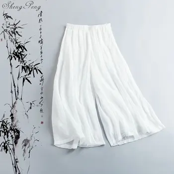 Calças de linho mulheres roupas de linho para as mulheres de cintura elástica confortavelmente sólida grande perna de calça de linho branco V1369
